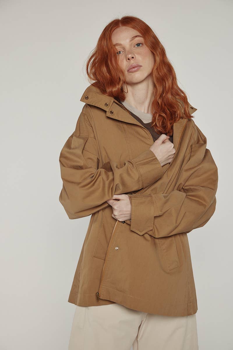 Tie waist utility jacket: Khaki / Solid / XS/S
