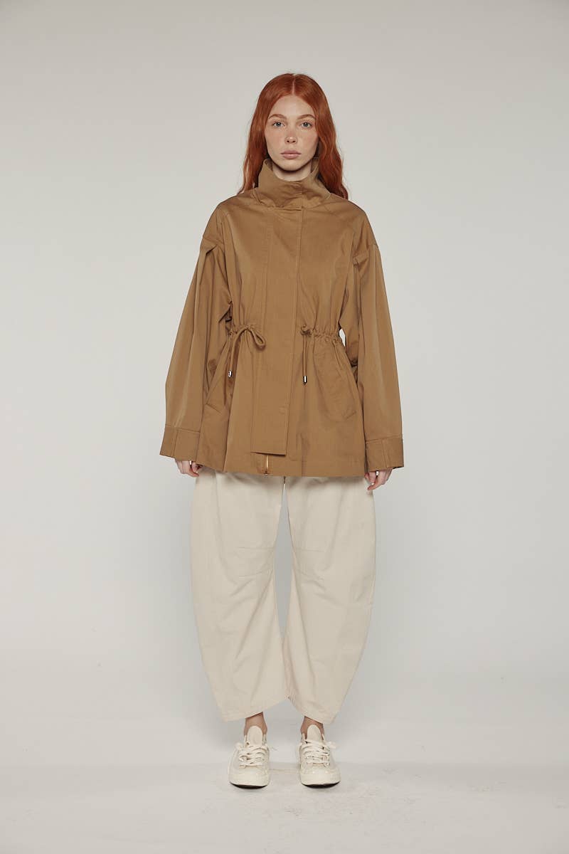 Tie waist utility jacket: Khaki / Solid / XS/S