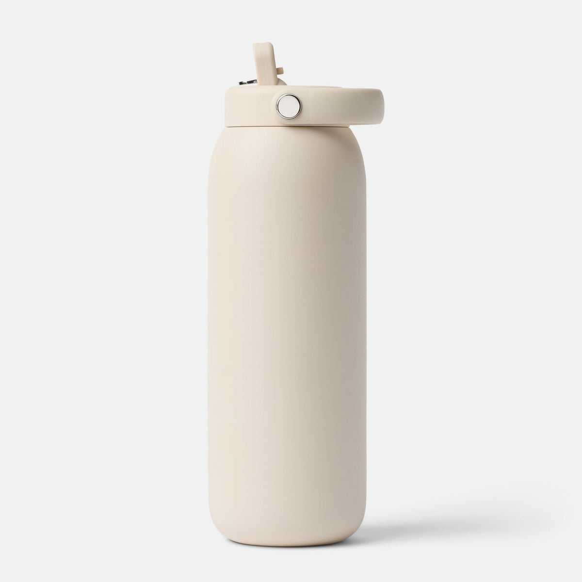 A minimalist matte beige insulated water bottle with a matching flip-top lid, shown on a clean light gray background.