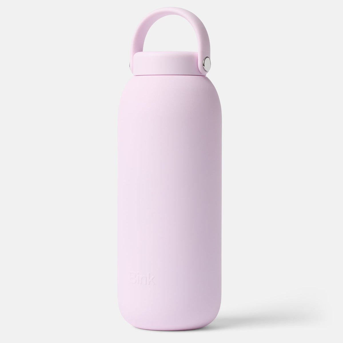 Pink water bottle with a white background