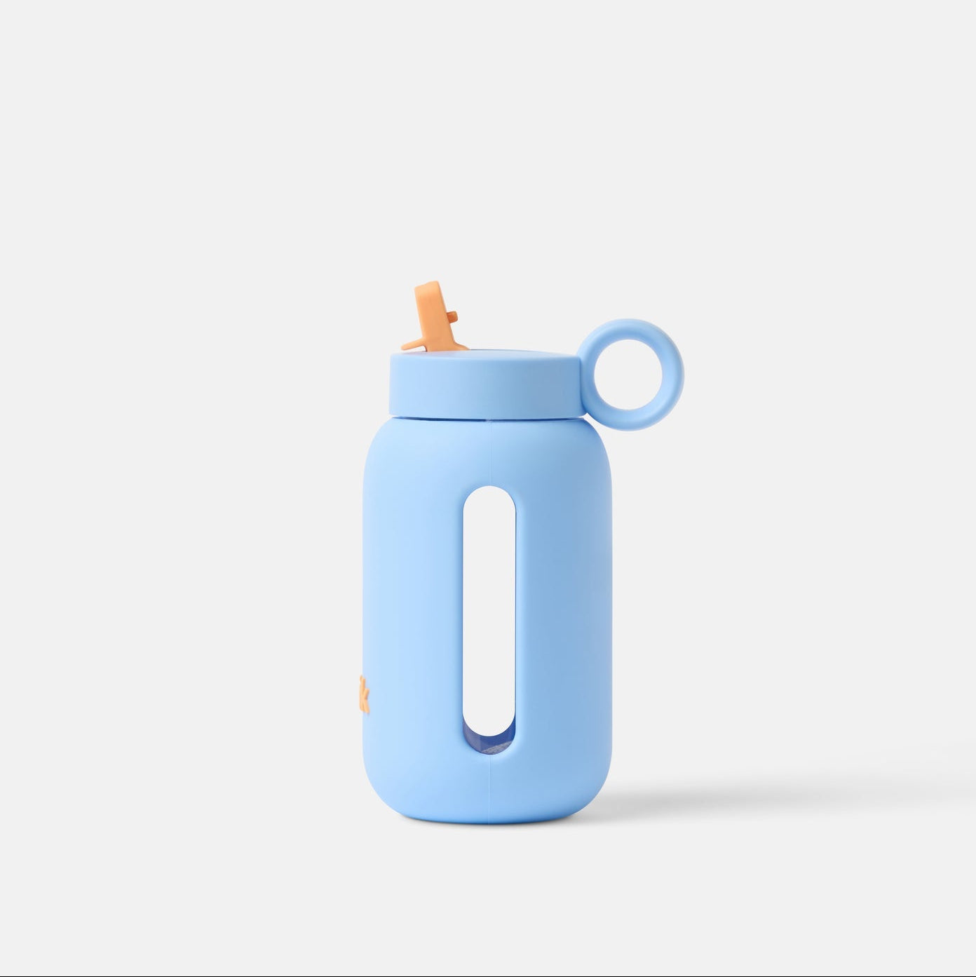 Light blue water bottle with a straw on a white background