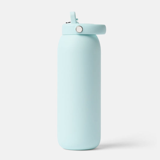 A light pastel blue insulated water bottle with a matching flip-top lid, shown on a clean light gray background.