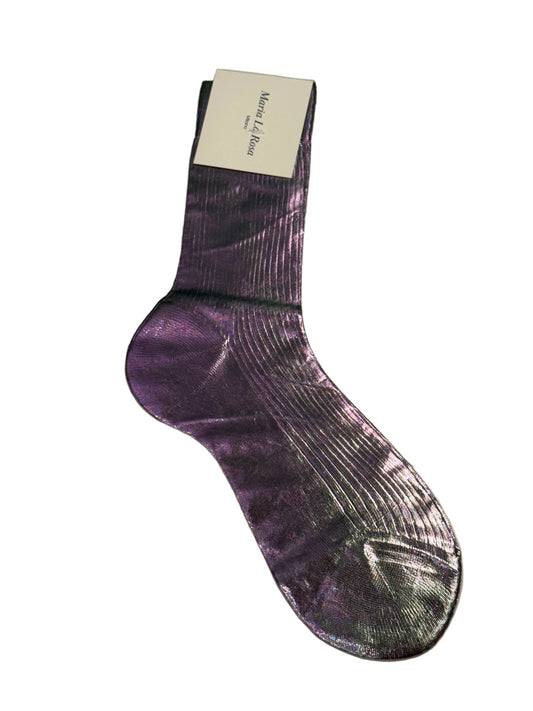Purple sock with a brand label on a gray background