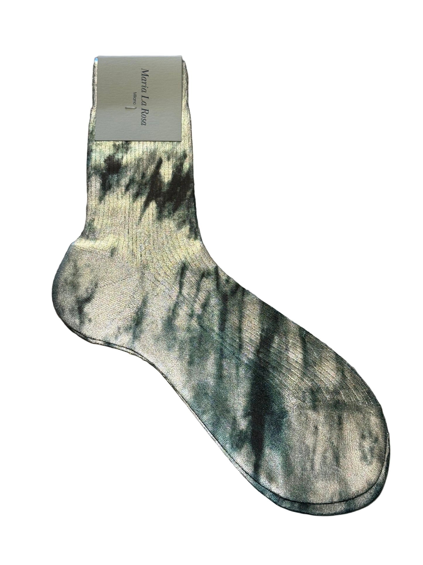 Silver metallic sock on a marble surface with 'Maria La Rosa' label.