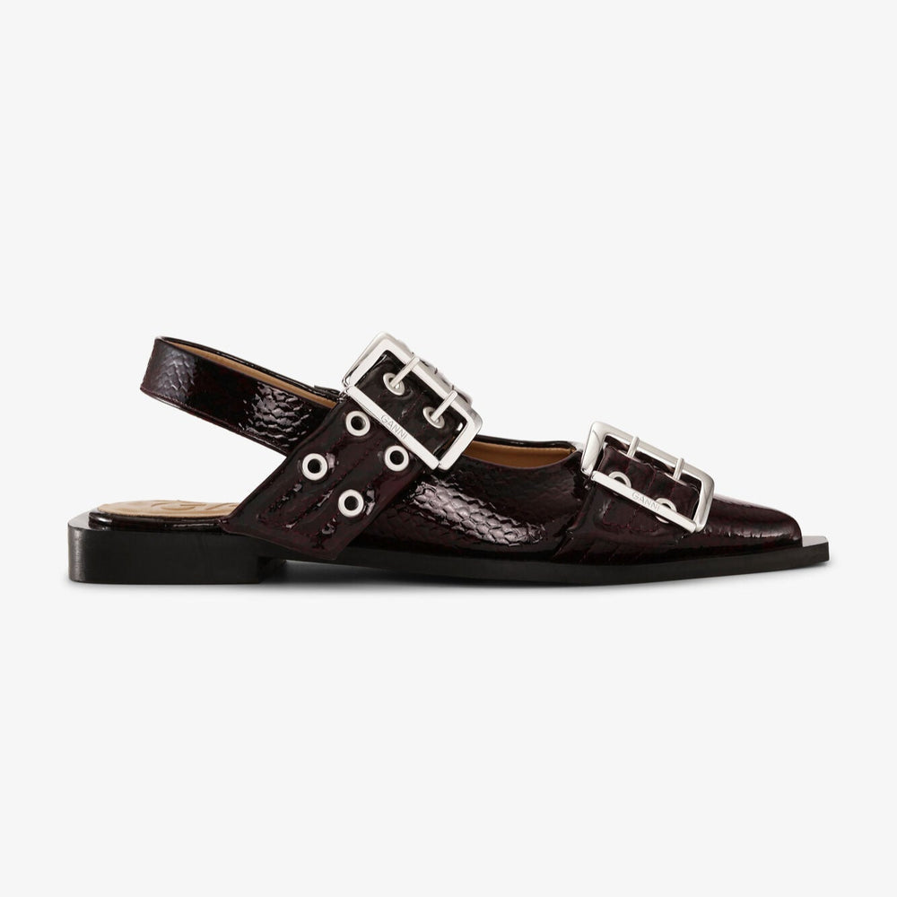 GANNI Buckle Ballerina Shoes | Dark Burgundy Snake