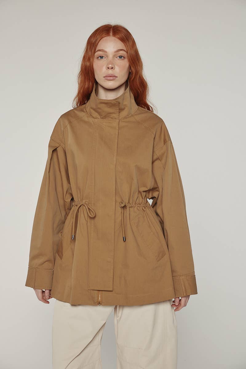 Tie waist utility jacket: Khaki / Solid / XS/S