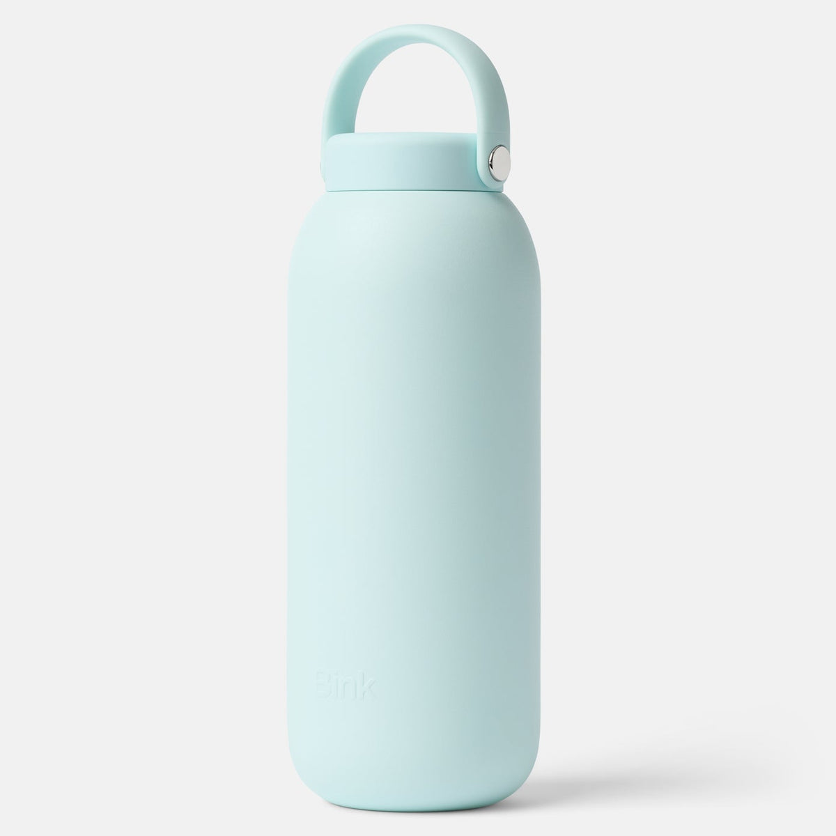 Light blue water bottle with a handle on a white background