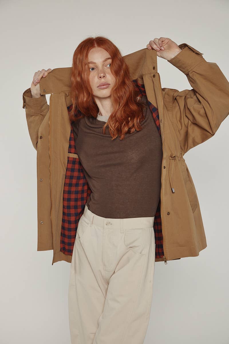 Tie waist utility jacket: Khaki / Solid / M/L