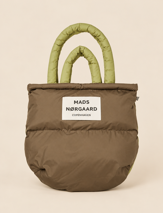 Mads Nørgaard Light Ripstop Pillow Bag in Green Olive/Tarmac, an oversized padded tote with two sets of handles.