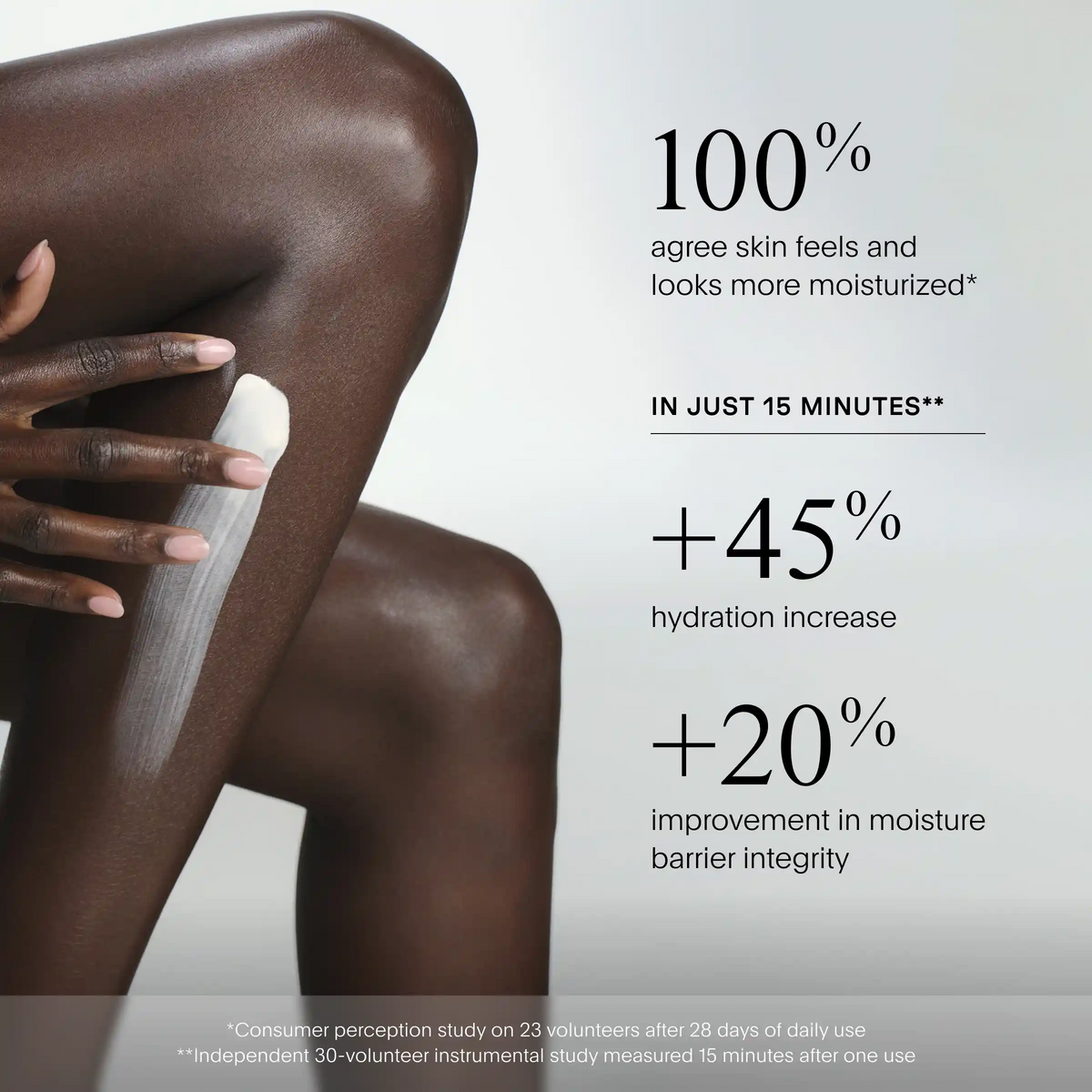 Advertisement showing a person's leg with moisturizer and text about skin hydration benefits.